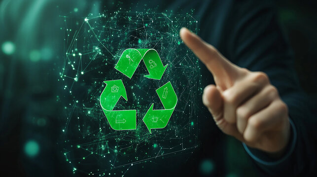 Businessman pointing at green recycle symbol or sign with his finger on digital display screen. Ecology and environment conservation and sustainability concept