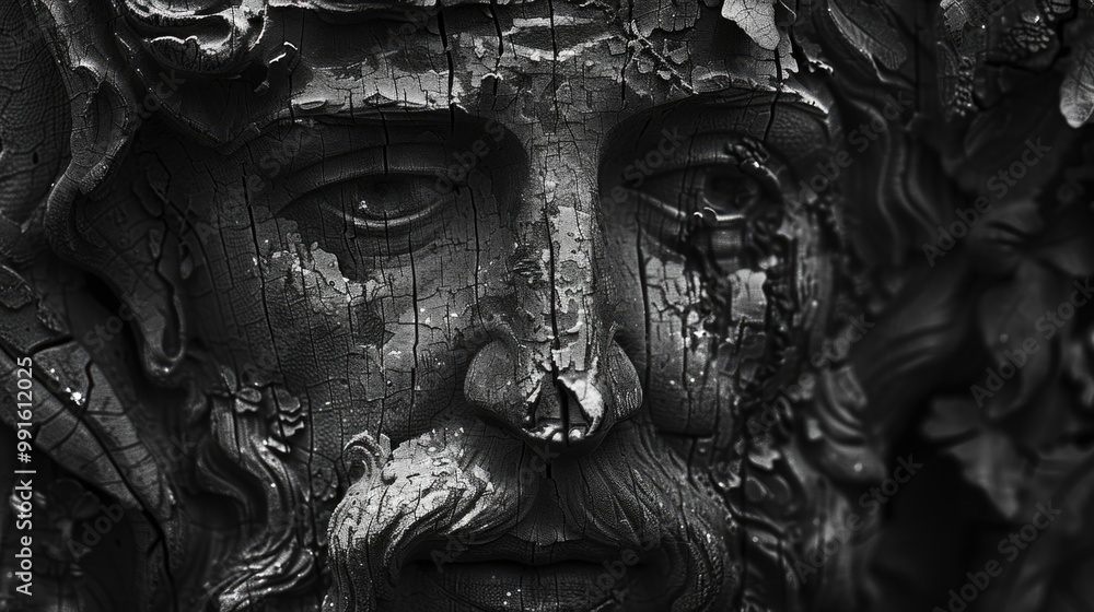 Poster close-up of a statue depicting a man with a long beard, suitable for use in historical or fantasy-th