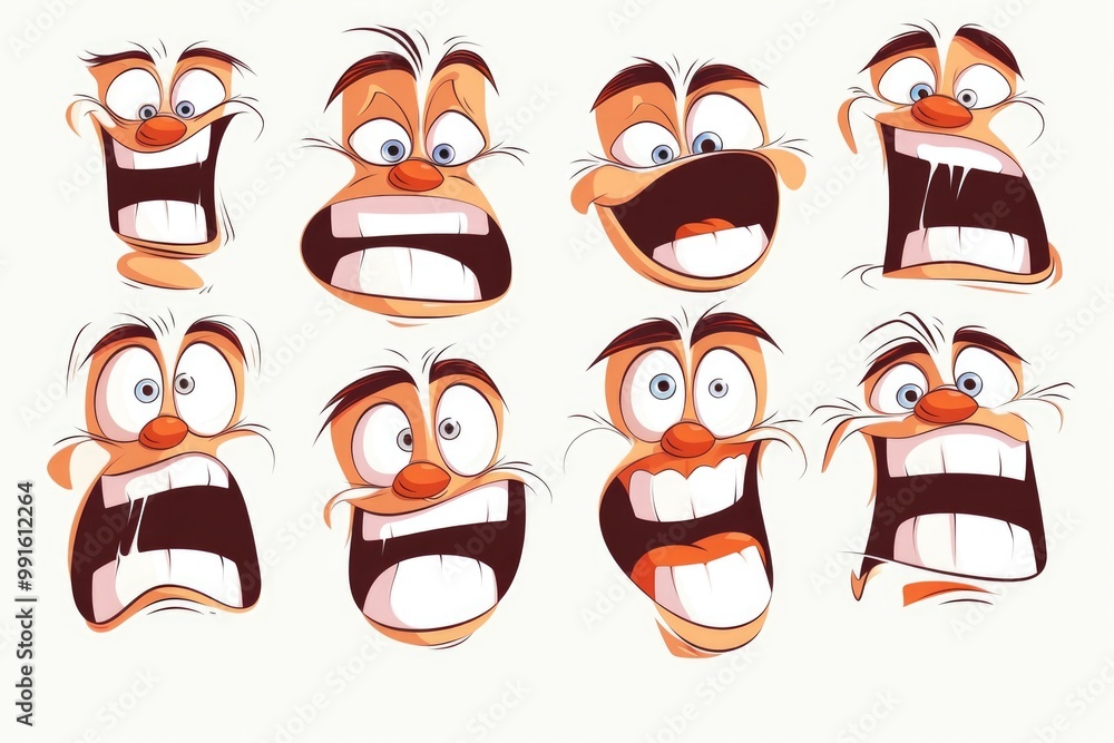 Poster a collection of cartoon faces displaying various emotions, ideal for use in illustrations, presentat
