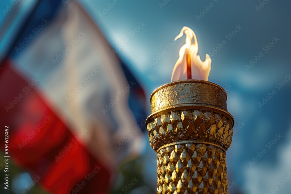 Aufkleber A close-up shot of a torch with a flag waving in the background, great for patriotic or nationalistic themes