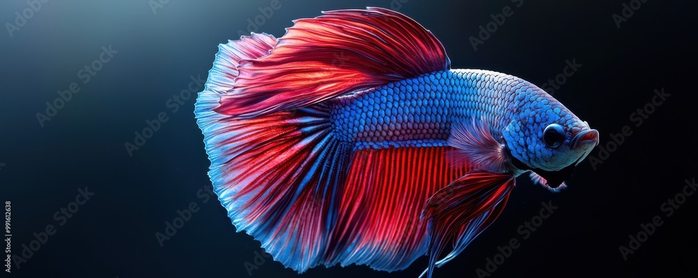 Poster elegant and dynamic image of vibrant blue and red betta fish with flowing fins against a dark backgr