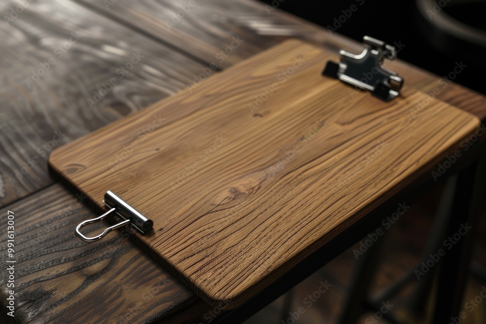 Poster a clipboard sitting on top of a wooden table in an office setting