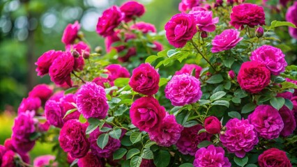 Beautiful Dark Pink Elmshorn Rose Shrub in Full Bloom with Vivid Cerise Pink Flowers Against Lush Green Foliage in Early Autumn