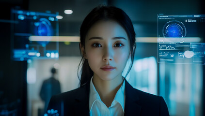 AI facial recognition system in action, featuring icons and graphs displaying data analysis of the face scan process.