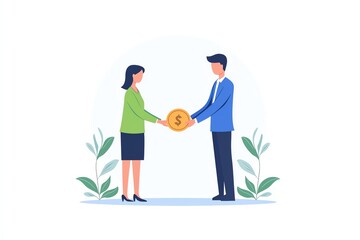 Two professionals exchanging money in a minimalist setting.