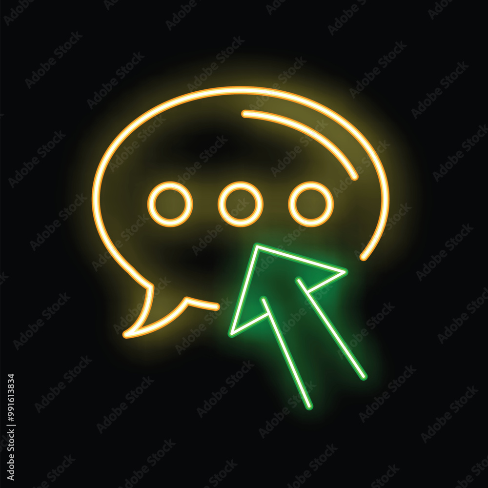Poster neon green cursor clicking speech bubble with three dots on black background representing online com