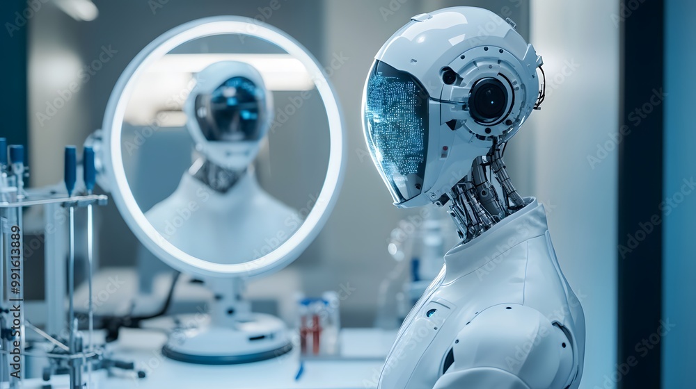 Poster white humanoid robot with blue glowing display looking at its reflection in a mirror