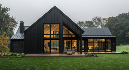 Obraz premium Black modern farmhouse exterior with black vertical trim and gable roof, featuring large windows, sleek design, green grass lawn, rainy weather