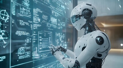 A humanoid robot interacts with a digital display filled with data and schematics.