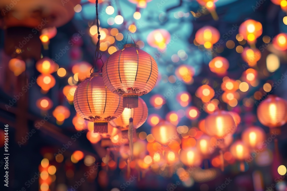 Poster a collection of colorful paper lanterns suspended from the ceiling, ideal for festive or decorative 