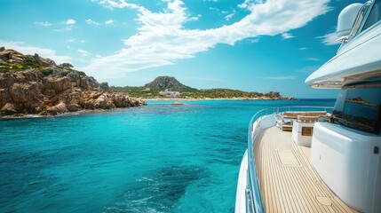 Obraz premium Close-up of a luxury yacht's sun deck with panoramic sea views, anchored in the crystal-clear waters of Sardiniaaes Costa Smeralda
