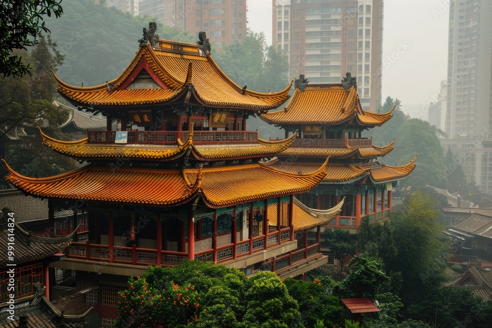 Poster a chinese-style building with many windows located in the heart of a bustling city