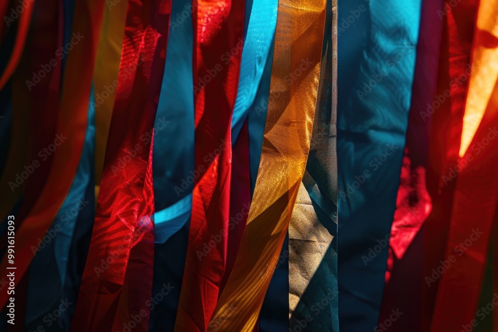 Poster a collection of colorful ties hanging from the ceiling, great for events or parties