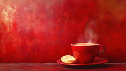 Fototapeta premium Coffee, rusk, red background.. Generative AI