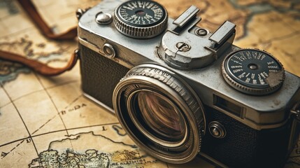 Close-up of a retro analog camera with a metal body and old-fashioned dials, placed on a vintage map background, soft lighting for a nostalgic feel