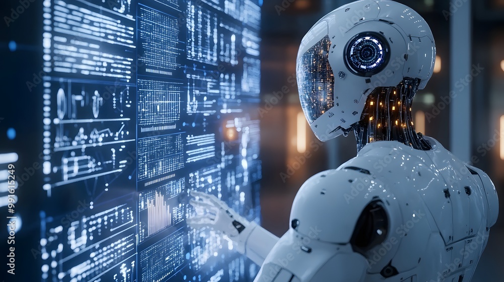 Poster a humanoid robot interacts with a digital interface, analyzing data.
