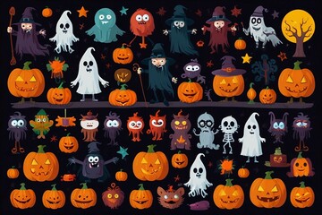 Halloween set witch, pumpkins, ghosts, monster, skeleton. Characters and elements for halloween in cartoon style.whait background