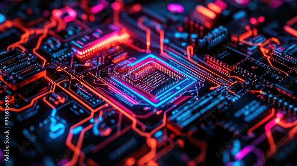 Poster close-up of a tech circuit board with vibrant wires, components popping against a black background, 