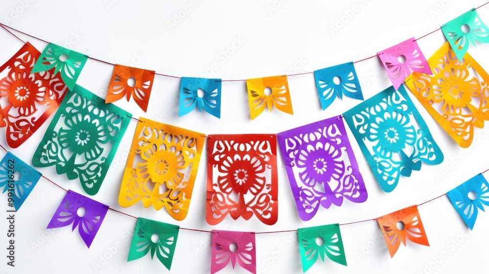 Poster a decorative paper garland with vibrant colors and shapes hanging from a string, great for parties o
