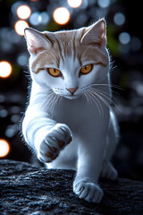 cat, snow-white, with golden scales, very sharp eyes, in a fighting stance, with bright light in the dark night,