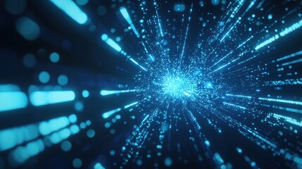 Naklejka premium A dynamic holographic background with blue light beams and digital particles, evoking a modern technology and futuristic atmosphere.