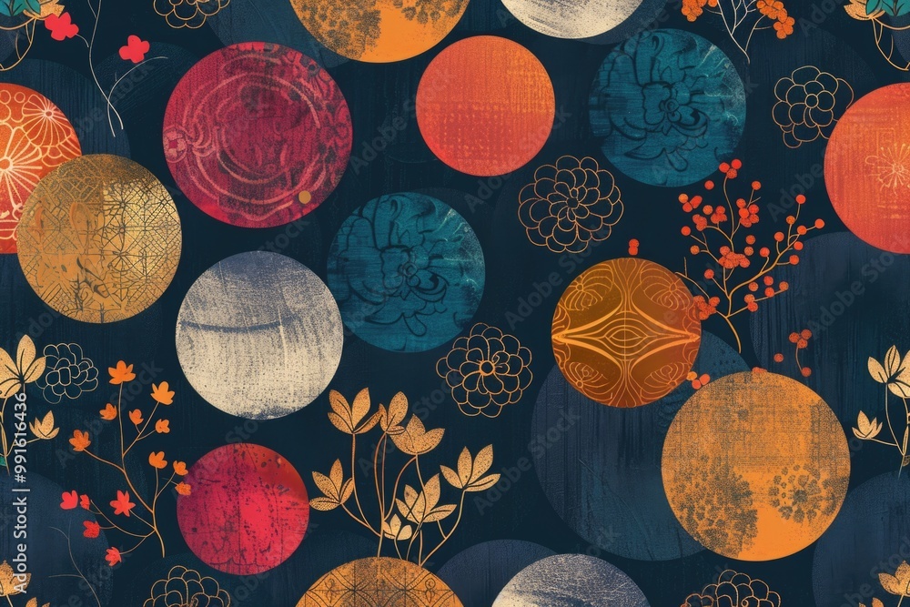 Aufkleber A design featuring interconnected circles and flower patterns on a dark background