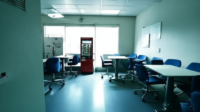 An unoccupied break room showcases a vending machine alongside several blue chairs and tables, illuminated by natural light pouring through large windows