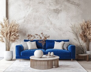 Modern Living Room Interior with Blue Sofa and Stylish Decor, 3D Render