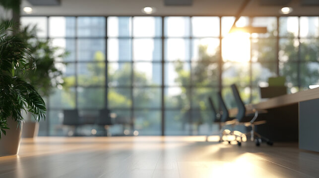 Empty Modern Office Lobby with Glass Walls and Floor, Blurry and unfocused backdrop in an empty office with glass windows for a copy space image.