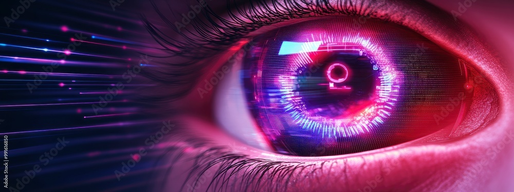 Poster smart contact lens displaying real-time data, glowing softly in a soft futuristic environment