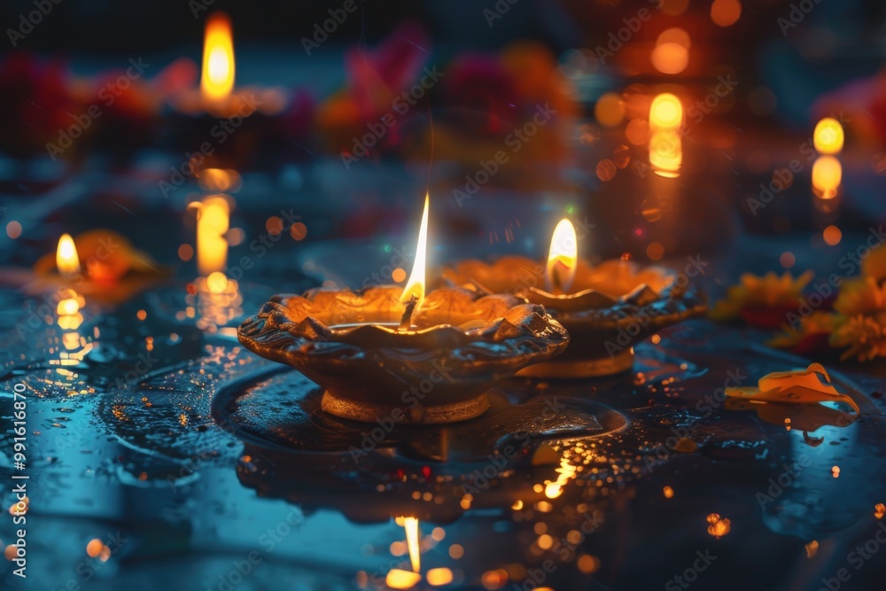 Poster A single candle shining brightly on a table amidst rainy weather