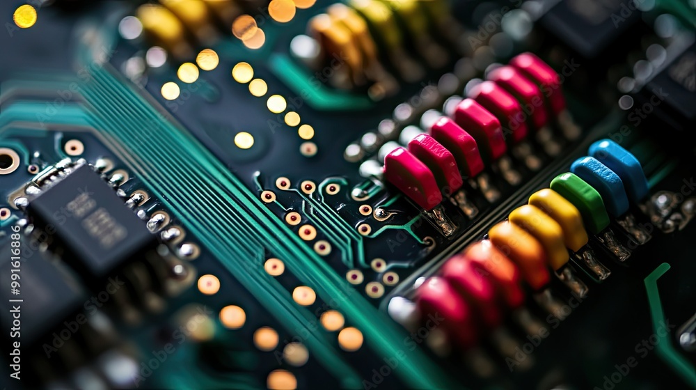 Poster close-up of an electronic circuit board with colorful wires, neatly arranged against a black backgro