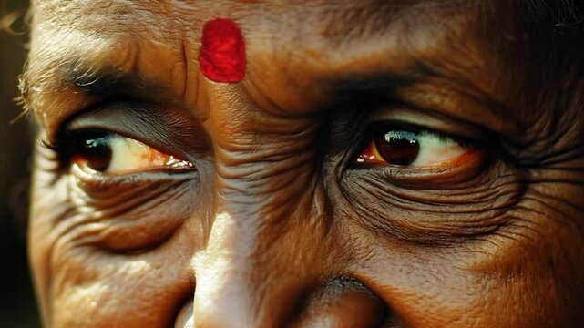 The image captures an elderly woman&rsquo;s expressive eyes which reflect deep wisdom, complemented by a traditional red bindi on her forehead, illuminated by soft natural light
