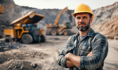 Male Technician in Hard Hat in Quarry with Heavy Machinery, Industrial Safety Concept