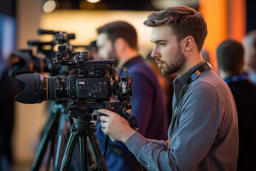 Professional videographer focusing through a high-end camera during a live event, capturing footage with precision and expertise