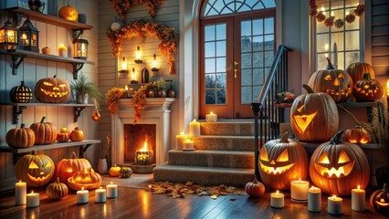 Spooky Halloween Decorated Interior of House with Jack-o'-lanterns and Creepy Ornaments