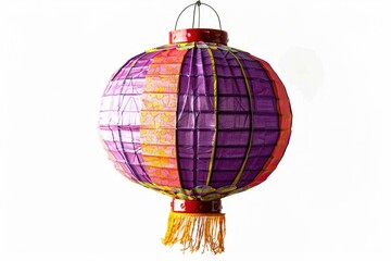 Fototapeta premium A single paper lantern hangs from the ceiling, decorated with purple and yellow colors