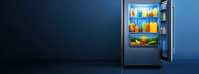 Smart refrigerator showing internal contents through a transparent touchscreen, sleek design, soft ambient kitchen light