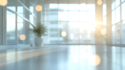 Blurred hospital hallway with reception clinic background, Bright modern office interior with glass windows and city skyline view in daylight.