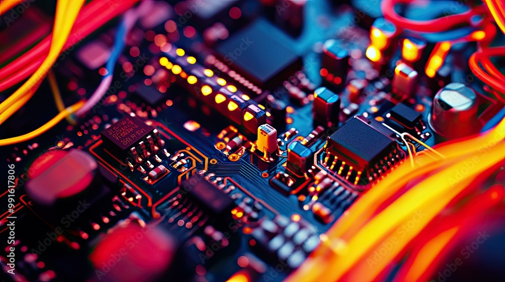 Poster close-up of electronic components and colorful wires on a circuit board, set on a black background f