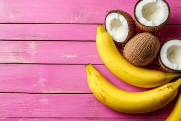 Banana and coconut on pink wooden background. Top view. Summer background concept with empty space for text..geneative ai