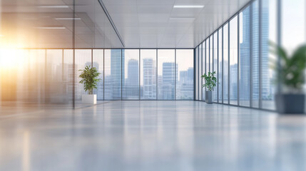 Fototapeta premium Light blurred background. The hall of an office or medical institution, Sunlit modern office space.
