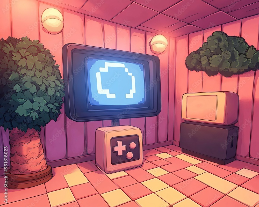 Poster nostalgic 8bit tiled floor in cozy room with vintage video game patterns