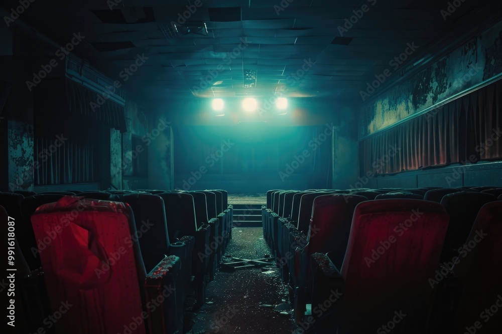 Poster abandoned theater interior with red seats and a single green light illuminating the space, ideal for