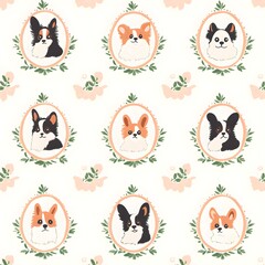 Cute Dog Portraits with Floral Wreaths Seamless Pattern