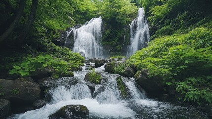 Obraz premium Close-up of Sarubo Falls in Hyogo, Japan, showcasing the powerful stream of water surrounded by lush, green vegetation and rocks.