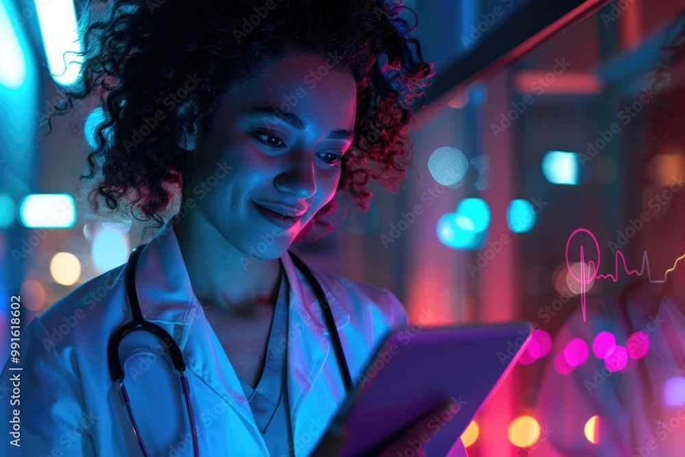 Poster a woman working with a tablet computer in a laboratory environment, suitable for medical or educatio