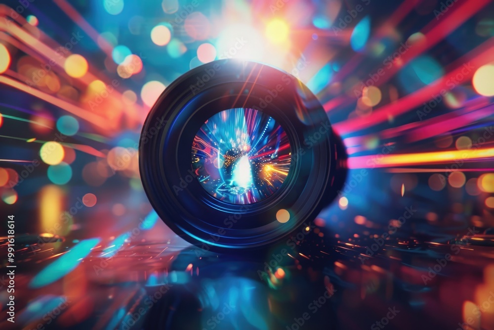Poster close-up view of a camera lens on a table, great for product photography or technology-related desig