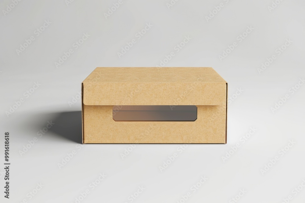 Poster A simple brown box with a transparent window on a white surface, great for use in product photography or packaging design