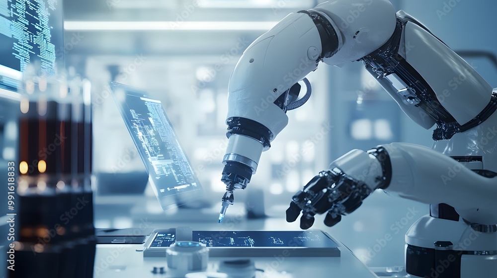 Aufkleber a robotic arm interacting with a digital interface in a sterile laboratory setting.